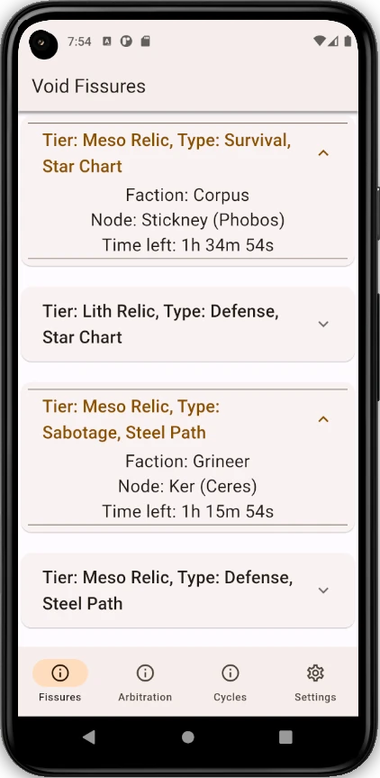 Widok szczelin pustki w trybie jasnym w aplikacji Warframe Tracker
